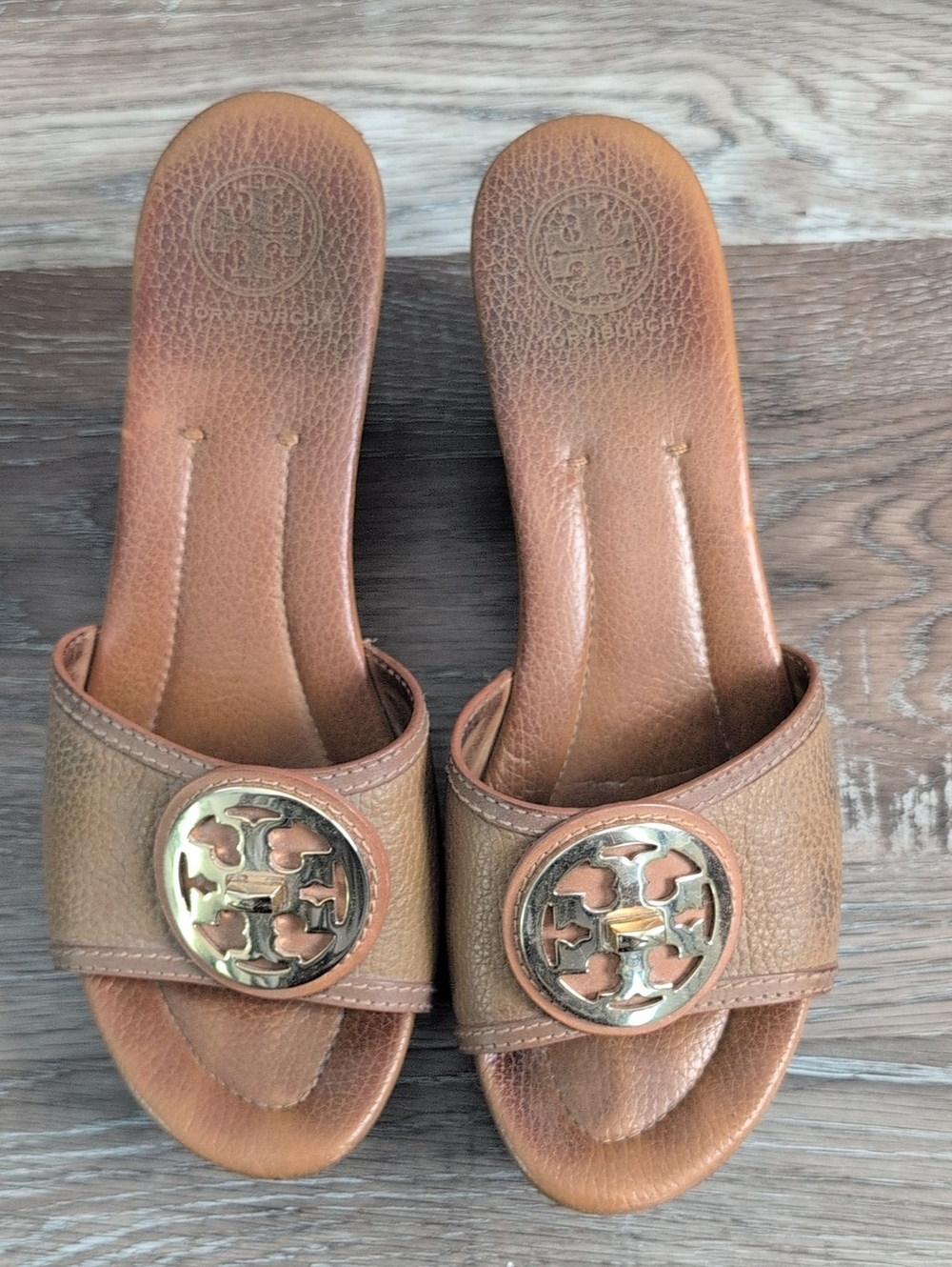 Tory Burch Tan Leather Logo Slide Sandals